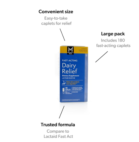 【180錠】ラクテイド乳糖不耐症用ラクトース分解酵素カプレット錠 Member's Mark Fast-Acting Dairy Relief Caplets, 180 ct.