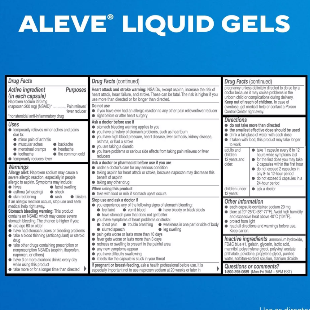 160錠 アリーヴ（ナプロキセン）ジェルカプセル220mg Aleve Pain Reliever & Fever Reducer Liquid Gels