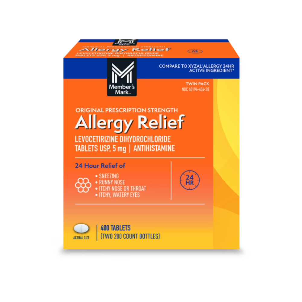 [400 Tablets] Levocetirizine Hydrochloride 5mg Allergy (Xyzal Generic) Member's Mark (Orange)