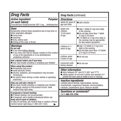 [400 Tablets] Levocetirizine Hydrochloride 5mg Allergy (Xyzal Generic) Member's Mark (Orange)